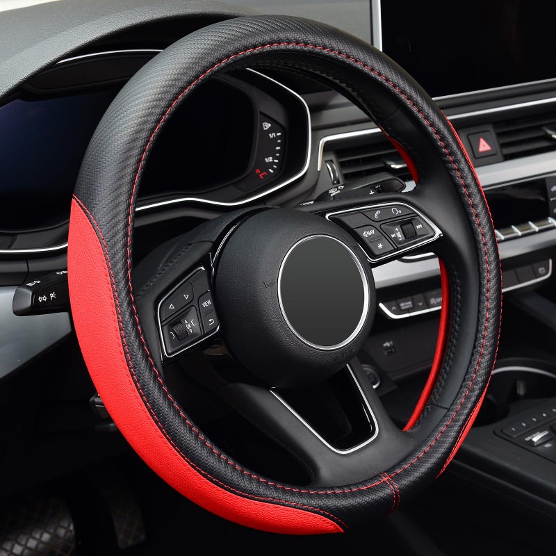 LABBYWAY Microfiber Leather Auto Car Steering Wheel Cover, Universal 15 Inch Anti-Slip Wheel Protector, Red - Image 1